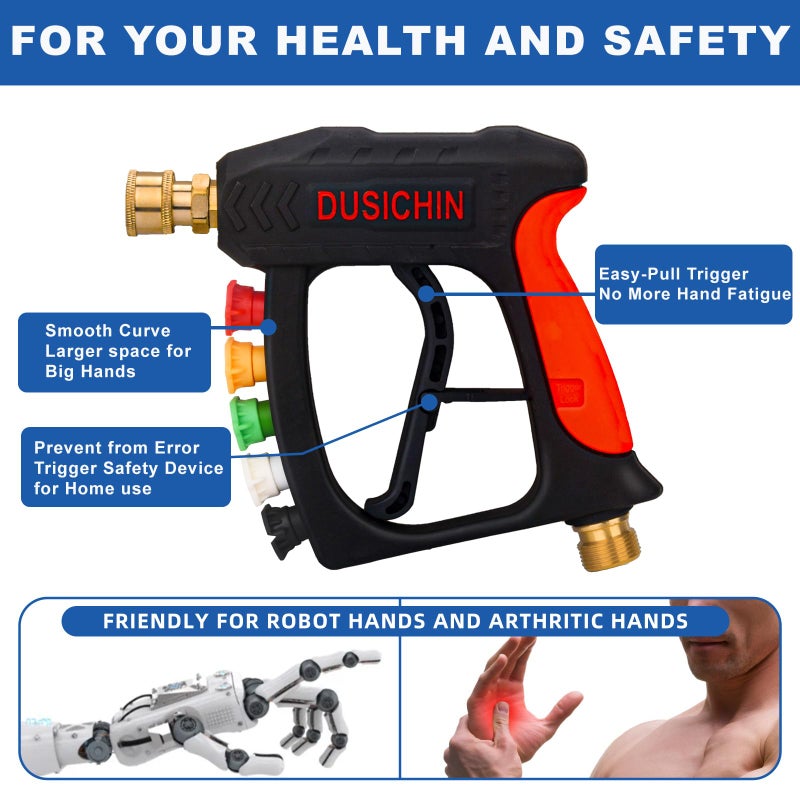 DUSICHIN DUS-220 Short Wand High Pressure Washer Handle Gun 3000 PSI Max 5 Pressure Power Washer Nozzles Tips Black - Image 5